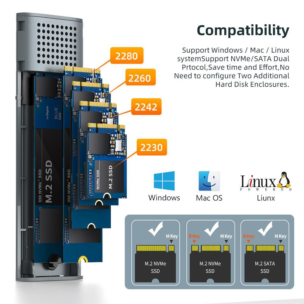 Maiwo K1689 USB3.2 Type-C Eksternt Kabinet til M.2 PCIe NVMe/SATA SSDs - Skrueløst Design - Billede 3